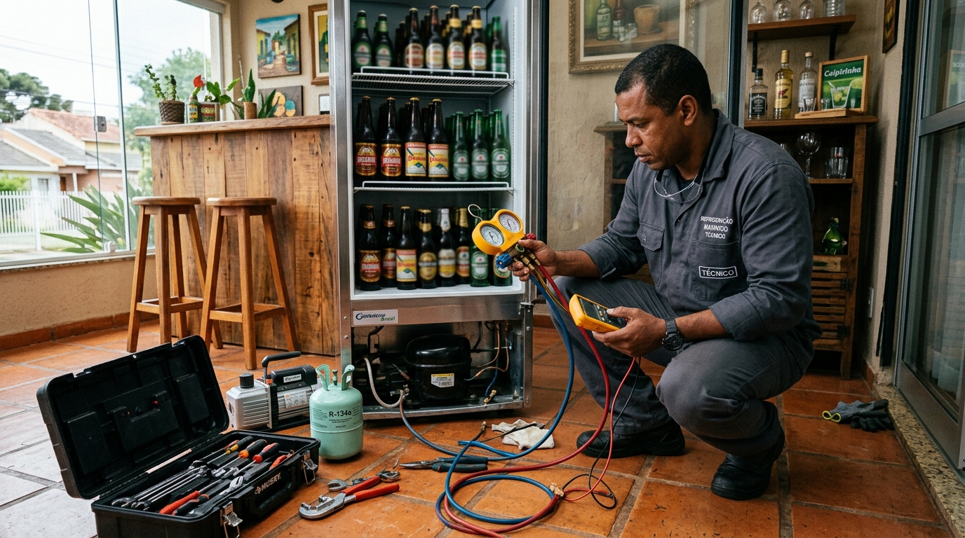 Técnico realizando manutenção de motor de cervejeira em Fátima, Canoas‑RS
