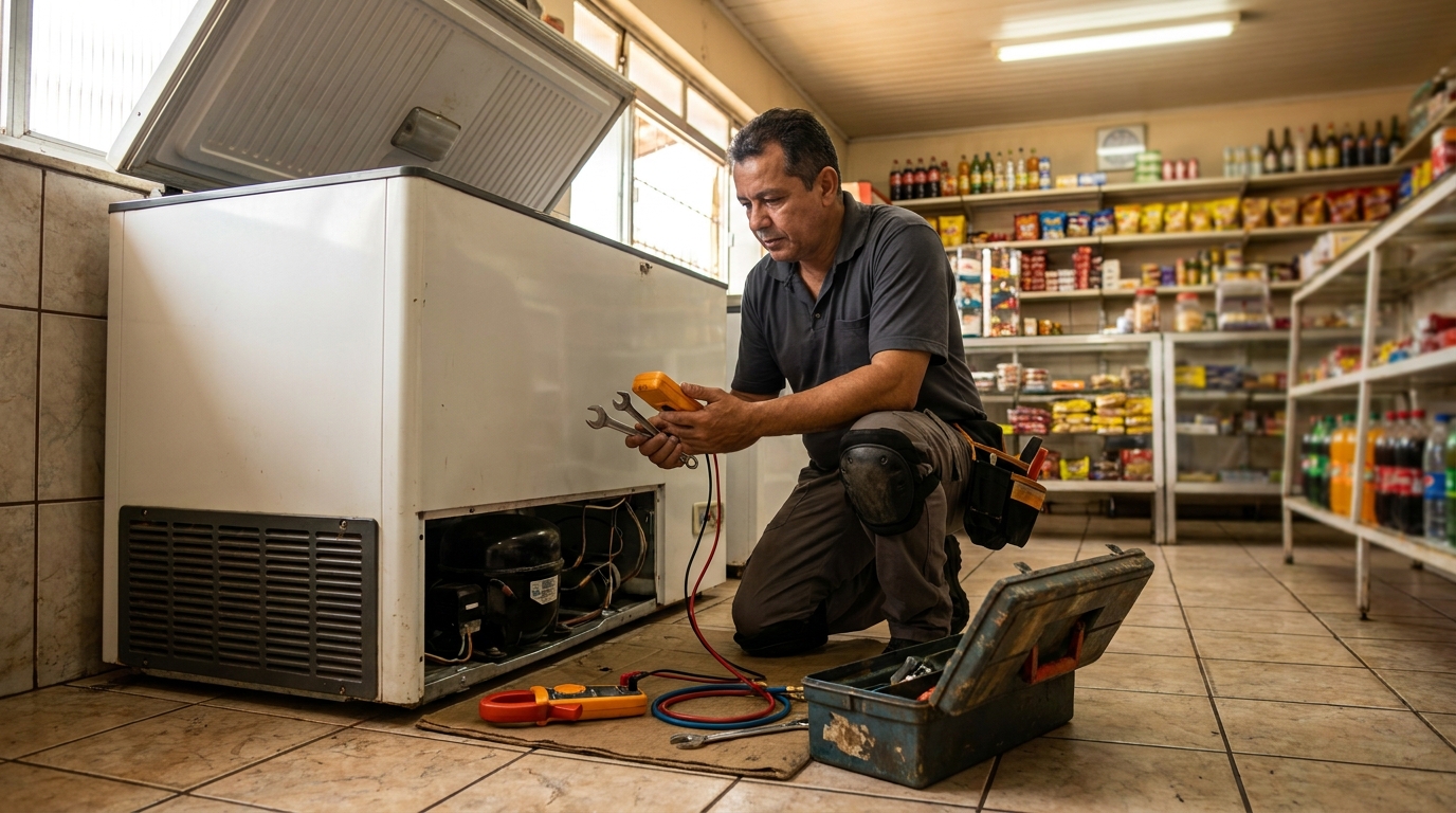 Técnico realizando manutenção de motor de freezer em Harmonia, Canoas‑RS
