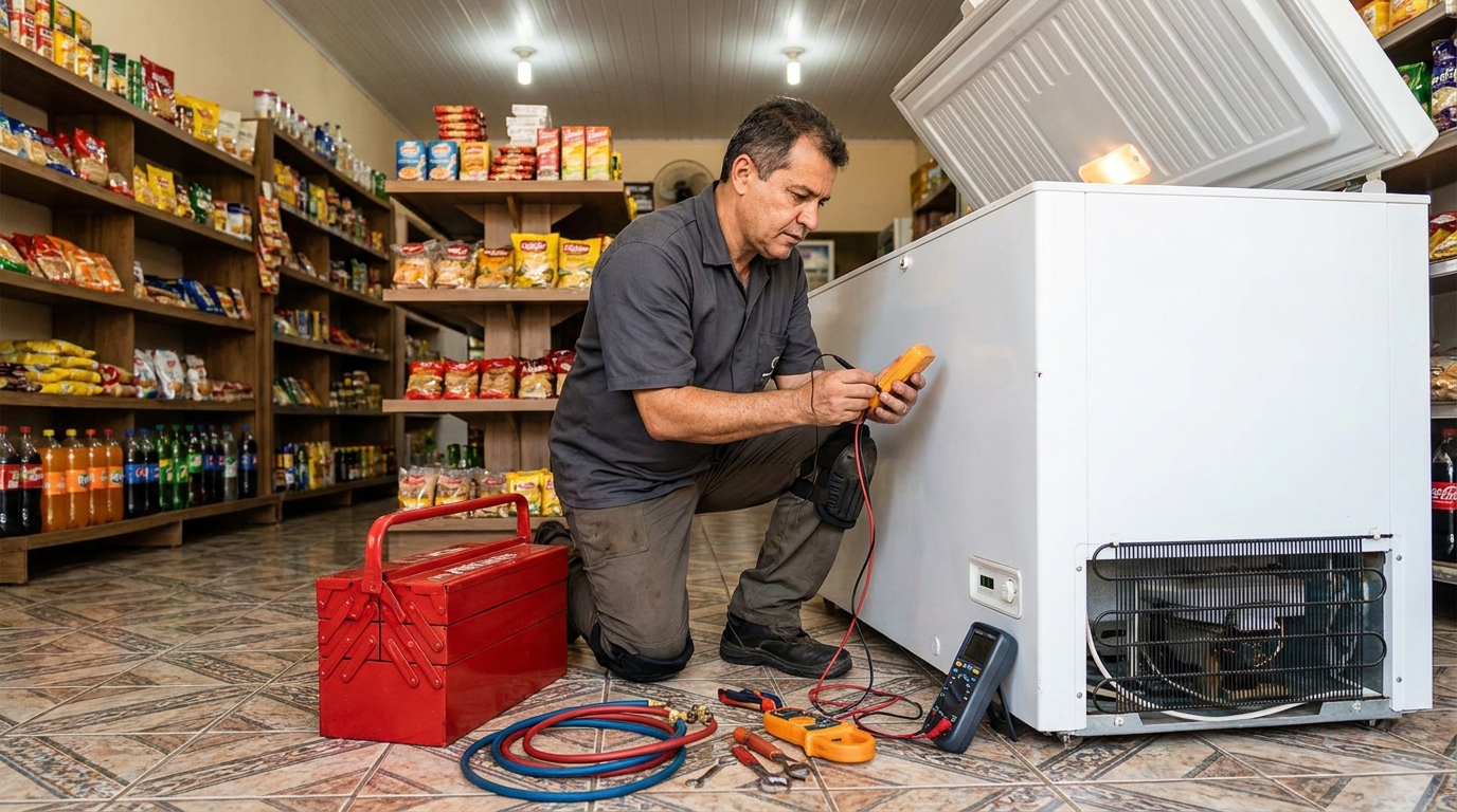 Recarga de gás refrigerante em freezer em atendimento em Harmonia, Canoas‑RS