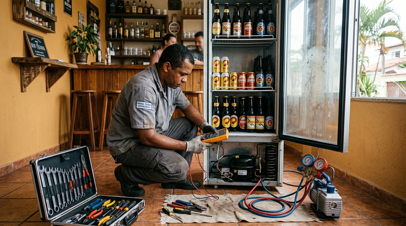 Troca de termostato de cervejeira em atendimento técnico em Fátima, Canoas‑RS