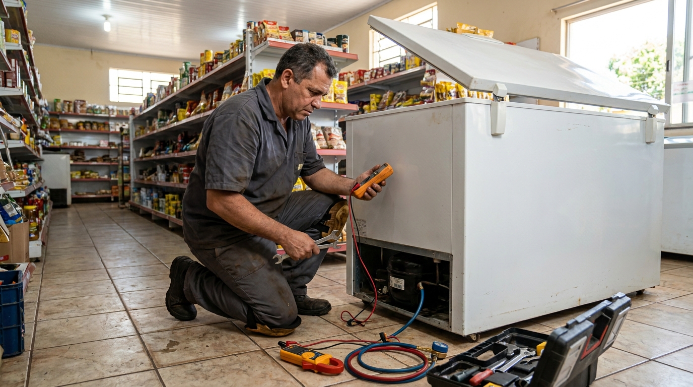 Troca de termostato de freezer em atendimento técnico em Harmonia, Canoas‑RS